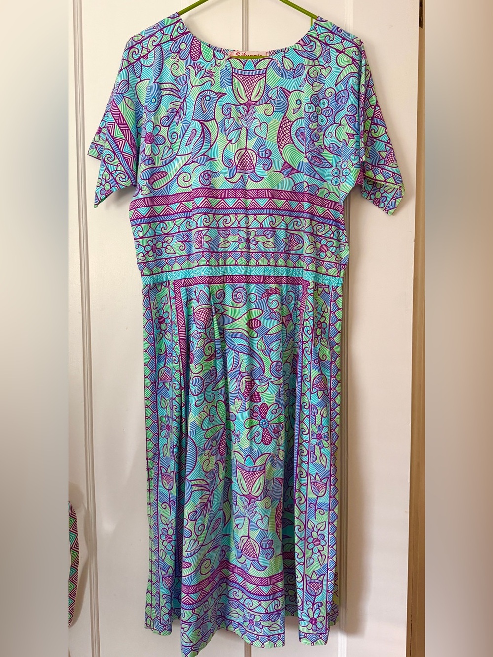 True Vintage Silvania Prints Bird Dress Handprinted Lima Peru Aqua Purple Boho